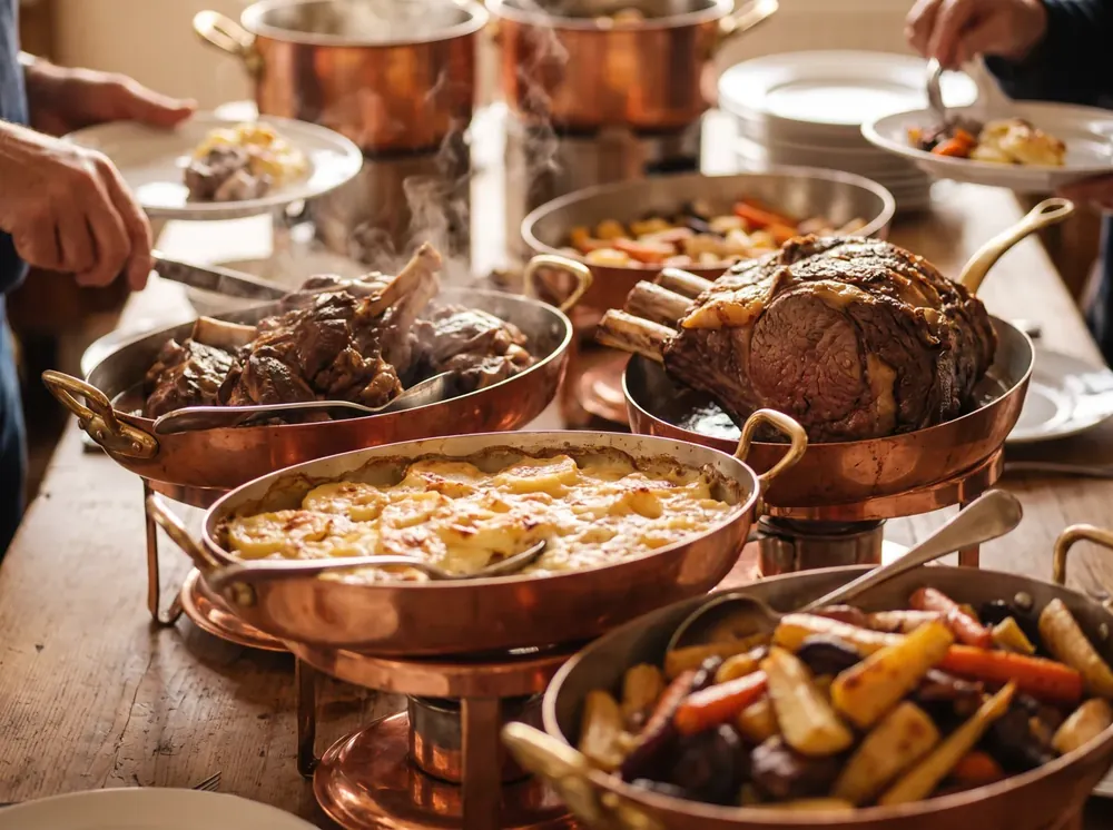 Warmes Buffet in Kupferpfannen