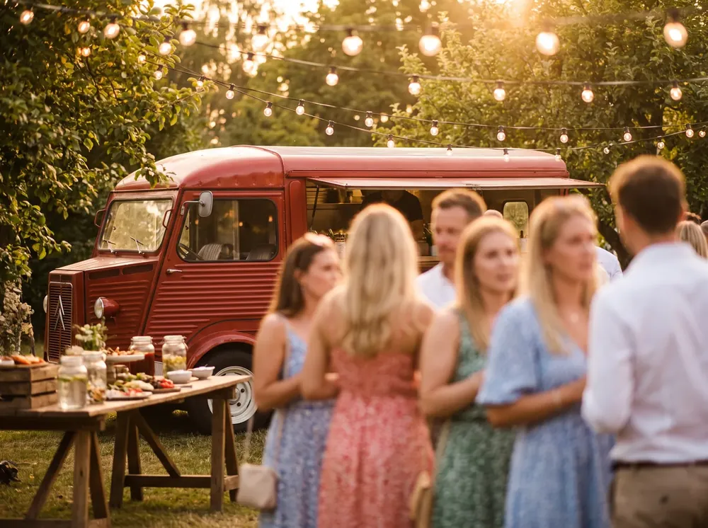 Roter Foodtruck auf einem Gartenfest